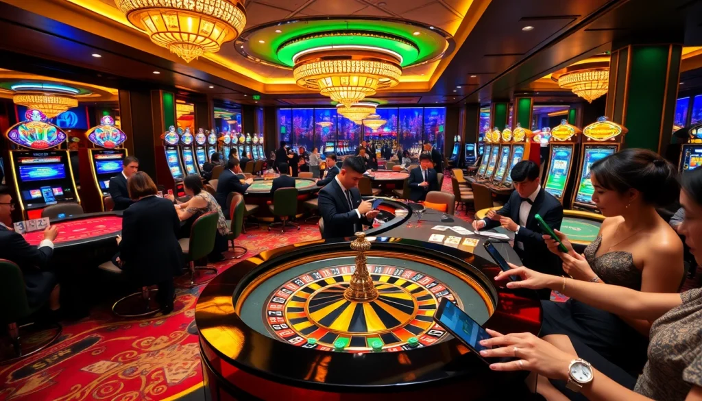 xocdia88 Casino atmosphere featuring players at roulette and poker tables celebrating wins with colorful chips and joyful expressions.