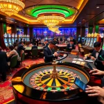 xocdia88 Casino atmosphere featuring players at roulette and poker tables celebrating wins with colorful chips and joyful expressions.