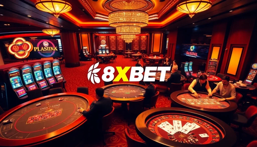 Experience the excitement at Nhà Cái 8XBET with players engaging in thrilling casino games surrounded by luxurious decor.