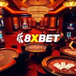Experience the excitement at Nhà Cái 8XBET with players engaging in thrilling casino games surrounded by luxurious decor.