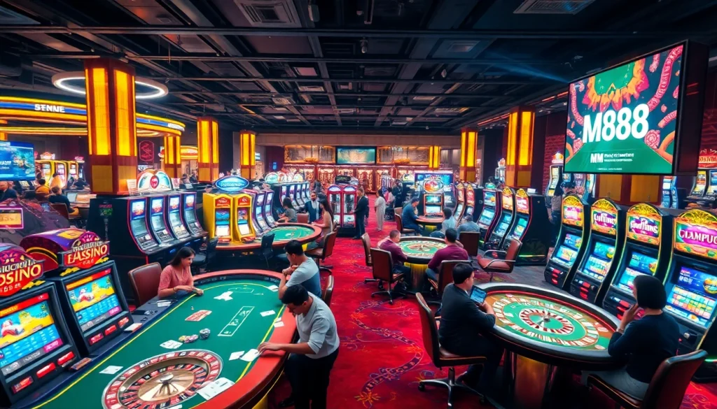 Players engage in thrilling casino action at MM88, featuring tables for blackjack and roulette, vibrant slot machines, and poker chips.