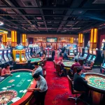 Players engage in thrilling casino action at MM88, featuring tables for blackjack and roulette, vibrant slot machines, and poker chips.