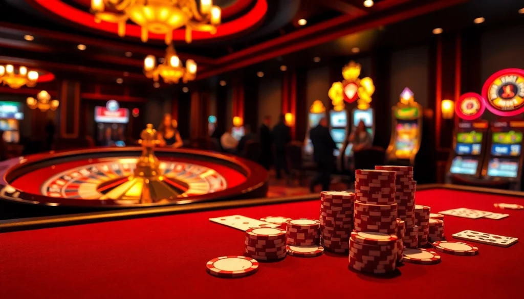 King88 casino setting featuring a vibrant poker table and spinning roulette wheel.