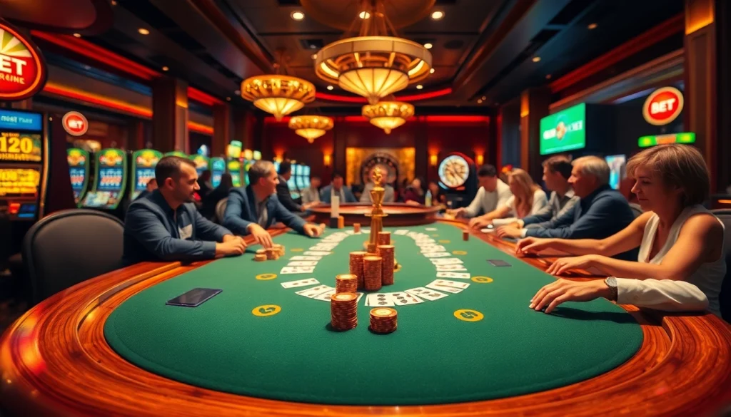 Experience the thrill of betting at 8XBET's vibrant casino, showcasing tables and slot machines under dazzling lights.