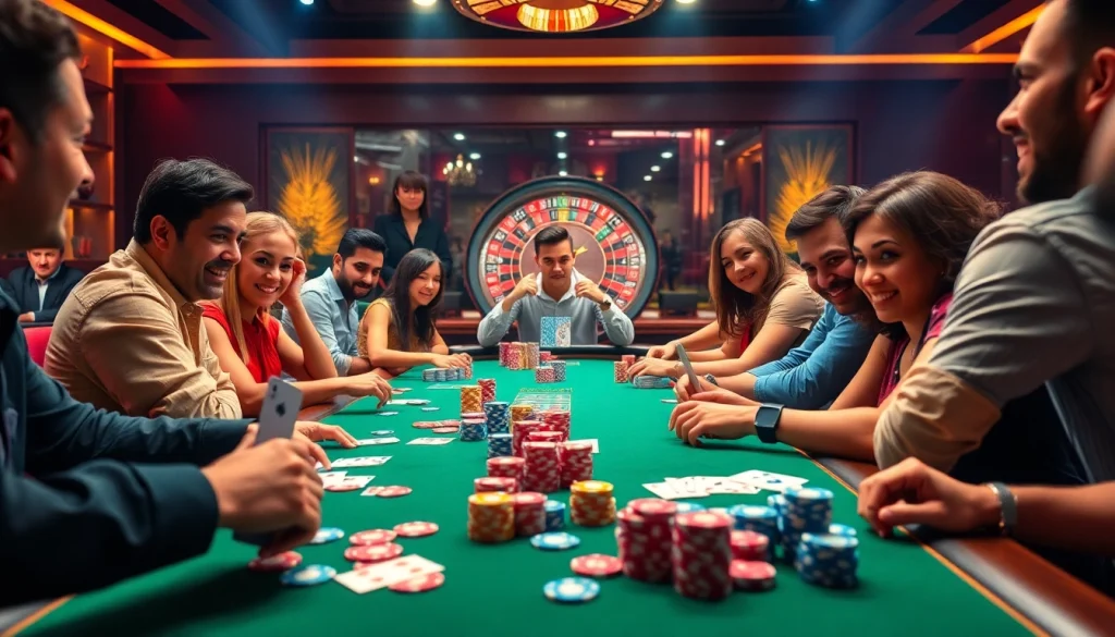 Players engaging in poker at https://mm88.sa.com/, showcasing vibrant chips and an energized atmosphere.