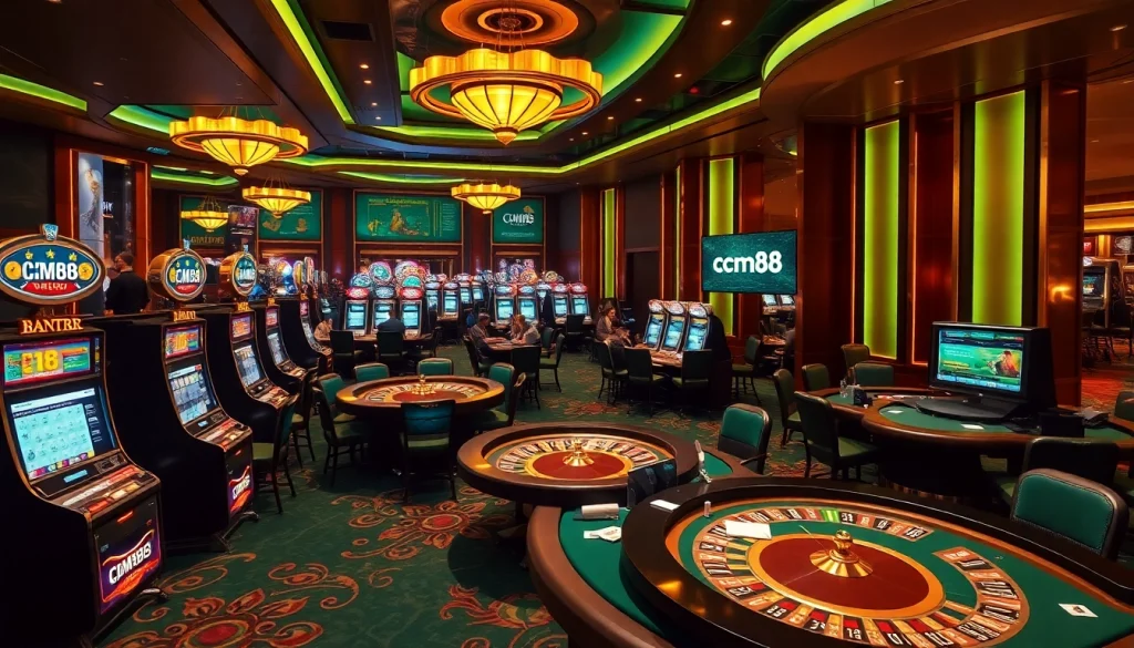 Intense poker game in a vibrant casino showcasing cm88 branding on betting screens.