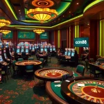 Intense poker game in a vibrant casino showcasing cm88 branding on betting screens.