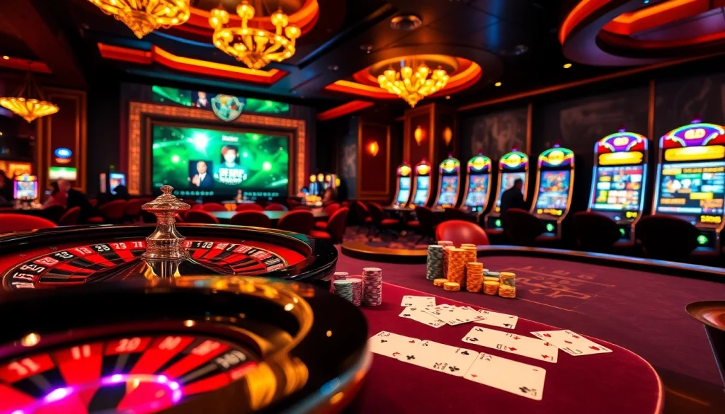 Experience the thrill of betting at https://mm88.co.uk/ with an exciting casino scene portraying roulette, poker, and slot machines.