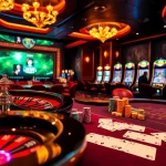 Experience the thrill of betting at https://mm88.co.uk/ with an exciting casino scene portraying roulette, poker, and slot machines.
