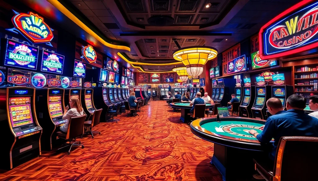 Players enjoying their time at AAAJILI Casino, surrounded by colorful slot machines and vibrant game tables.