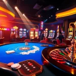 Experience the thrilling ambiance of aa888, featuring players at a bustling blackjack table in a vibrant casino.