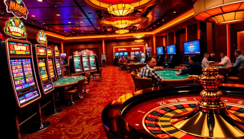 MM88 casino scene featuring players at various games, evoking excitement and luxury.