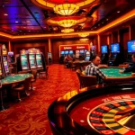 MM88 casino scene featuring players at various games, evoking excitement and luxury.