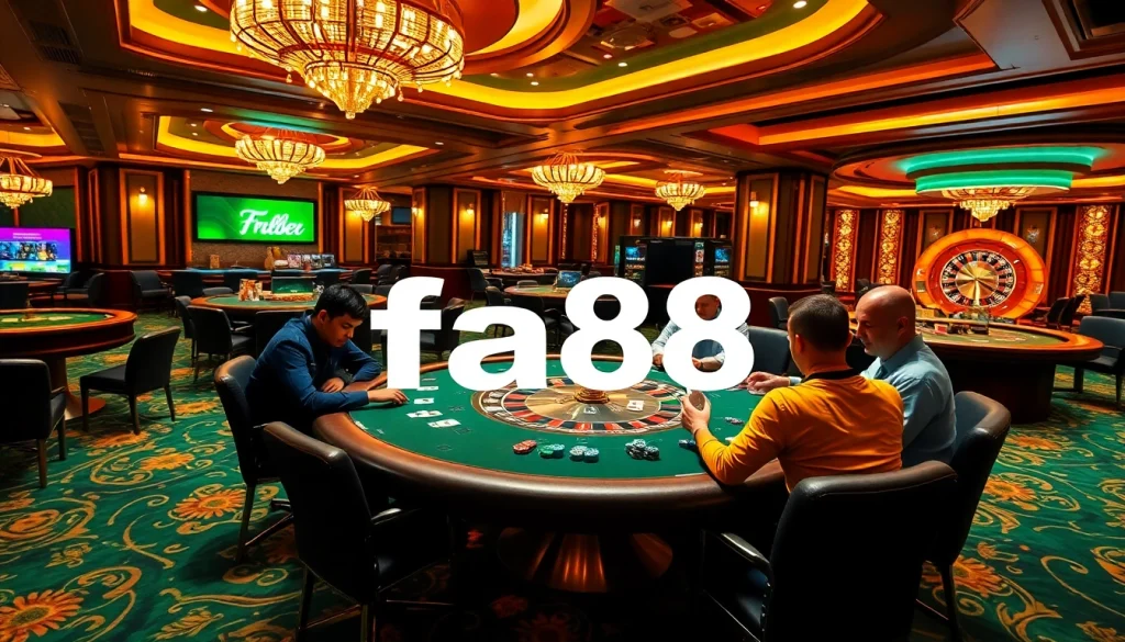 Exciting casino scene with players at a poker table and fa88 neon signage creating a vibrant atmosphere.