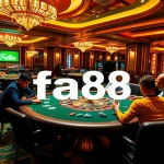 Exciting casino scene with players at a poker table and fa88 neon signage creating a vibrant atmosphere.