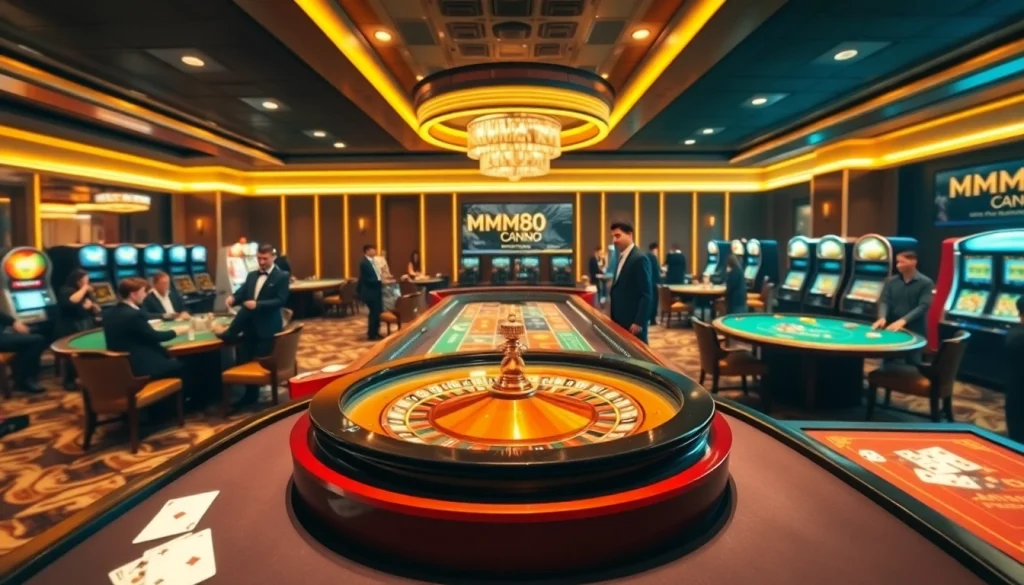 Players enjoying high-stakes casino games at https://mm88.com.se/ with a vibrant roulette and luxurious tables.