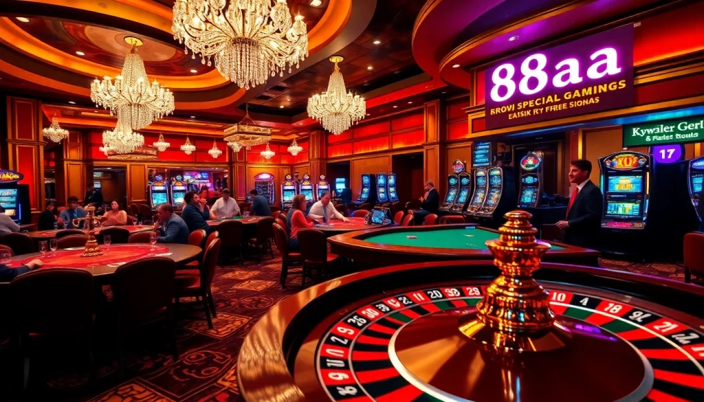 Experience the thrilling ambiance of 88aa casino action, highlighting poker tables and roulette excitement.