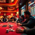 Jogoluck casino scene with players at a poker table, vibrant atmosphere.