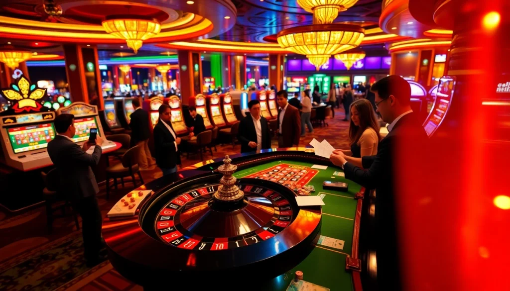 Experience thrilling gameplay with 88AA đăng nhập in a luxurious casino setting featuring enthusiastic players and a lively roulette table.