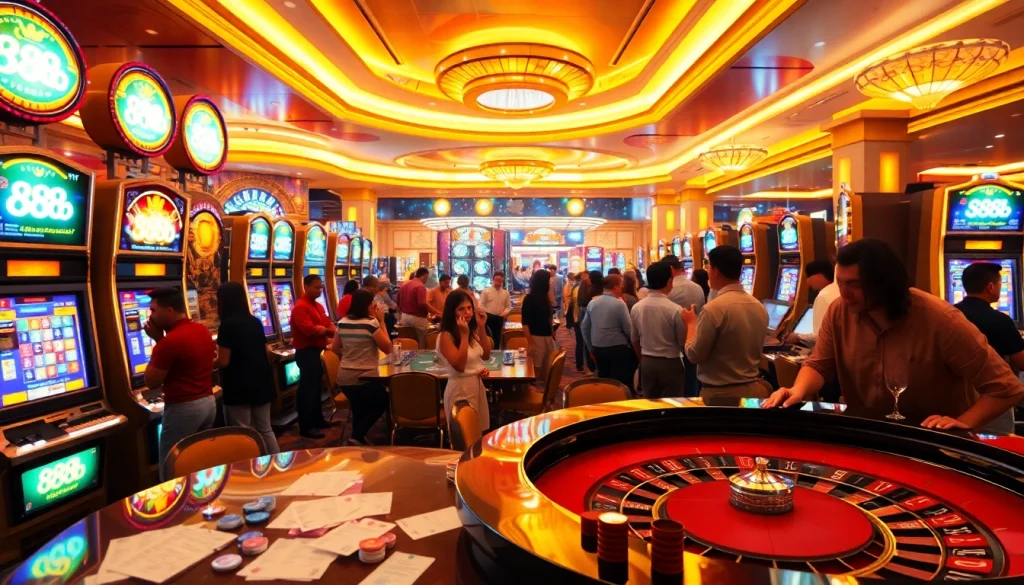 Thrilling casino scene featuring lively players at the 888b slot machines amid vibrant lights.