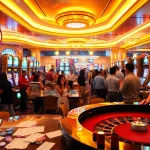 Thrilling casino scene featuring lively players at the 888b slot machines amid vibrant lights.
