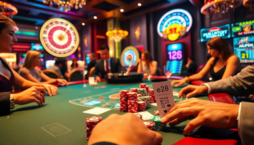 A thrilling casino scene with players at a blackjack table, showcasing e28 betting slips and vibrant poker chips.