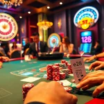 A thrilling casino scene with players at a blackjack table, showcasing e28 betting slips and vibrant poker chips.