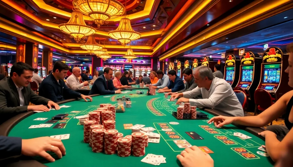 Exciting blackjack action at http://new88siam.com/ with colorful poker chips and dealers at work.