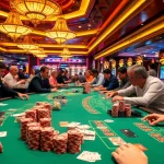 Exciting blackjack action at http://new88siam.com/ with colorful poker chips and dealers at work.