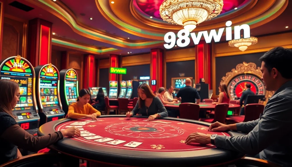 Players strategizing at a poker table in the vibrant 98wwin casino, surrounded by slot machines and roulette wheels.