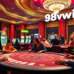 Players strategizing at a poker table in the vibrant 98wwin casino, surrounded by slot machines and roulette wheels.