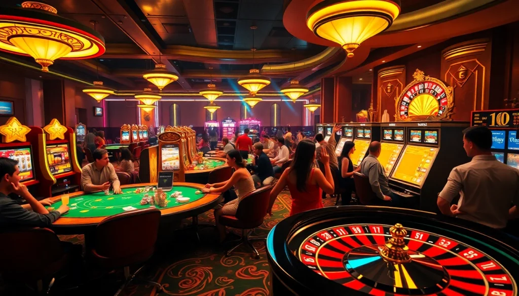 Exciting casino scene featuring diverse players at a poker table and vibrant slot machines, highlighting https://188v.ink/ gaming experience.