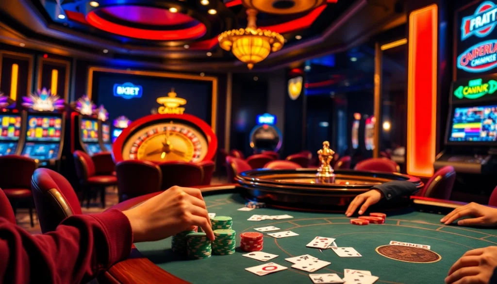 Intense poker action at an 8XBET casino table, showcasing vibrant chips and cards.