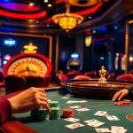Intense poker action at an 8XBET casino table, showcasing vibrant chips and cards.