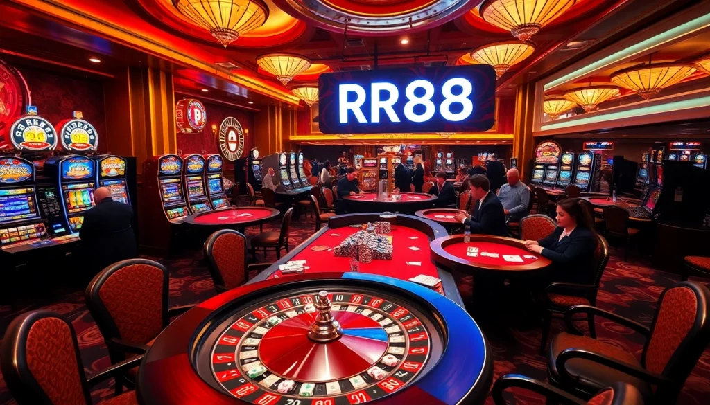 Experience the thrill of RR88 at a vibrant casino filled with engaging games and bright slot machines.