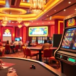 Experience the excitement of mm88 in a bustling casino with players at card tables and a colorful slot machine.