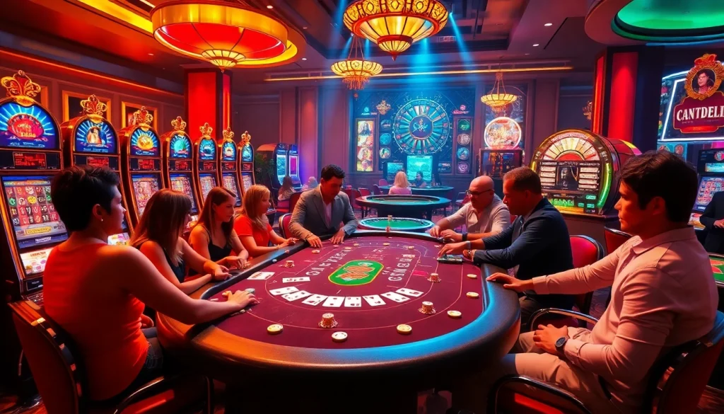 Exciting gameplay at a vibrant casino featuring players engaged in thrilling bets at https://xx88.mex.com/, with colorful slot machines and poker chips.