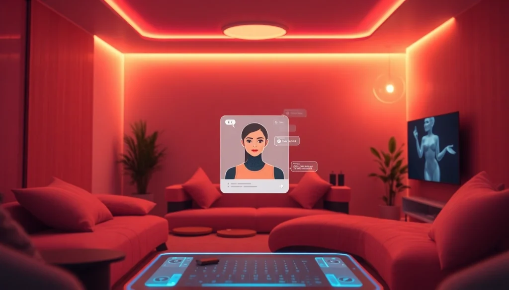 Engaging AI sexchat interface with a warm, inviting atmosphere and lively AI character.