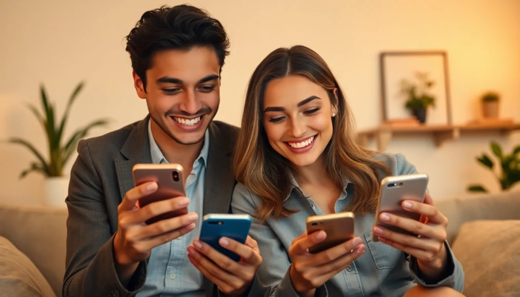 Couple using sexting ai on their smartphones in a cozy, playful atmosphere.