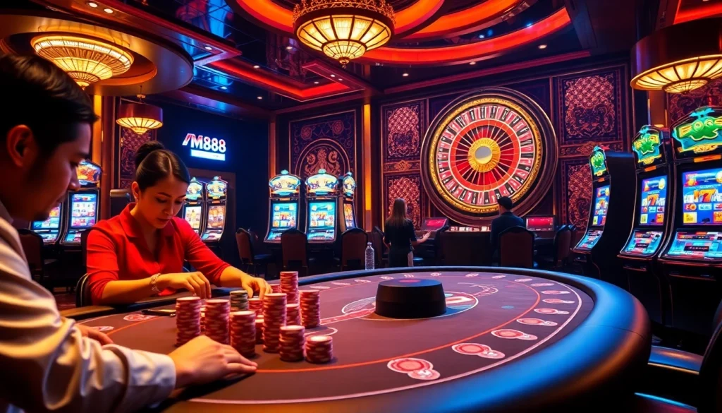 Experience the thrilling ambiance of MM88 casino with players at a poker table, colorful chips, and a dazzling roulette wheel.