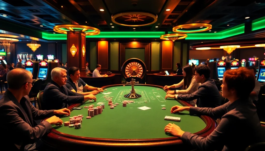 Experience the thrill of SC88 đăng nhập at a bustling poker table in a vibrant casino setting.