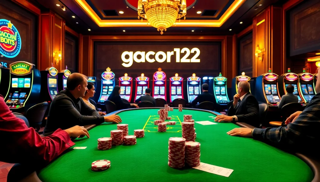Experience the thrill of gacor123 as players engage in a high-stakes poker game surrounded by vibrant casino lights.